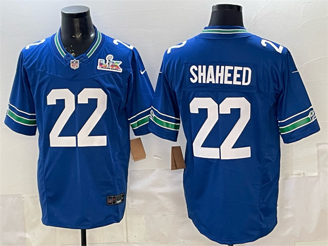 Men's Seattle Seahawks #22 Rashid Shaheed Royal 2025 F.U.S.E. Super Bowl LX Patch Vapor Throwback Limited Stitched Football Jersey