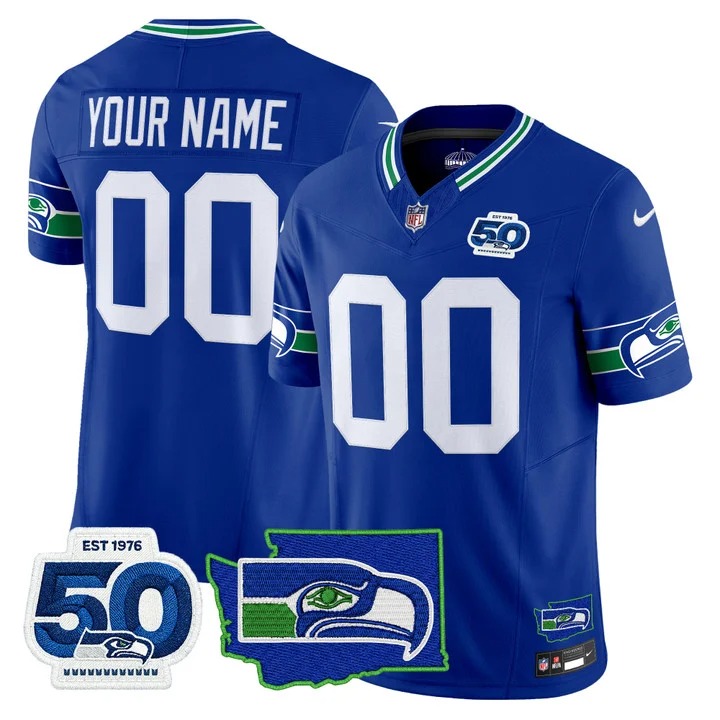 Seattle Seahawks Custom Royal F.U.S.E. 50th Anniversary & State Team Patch Vapor Limited Stitched Jersey