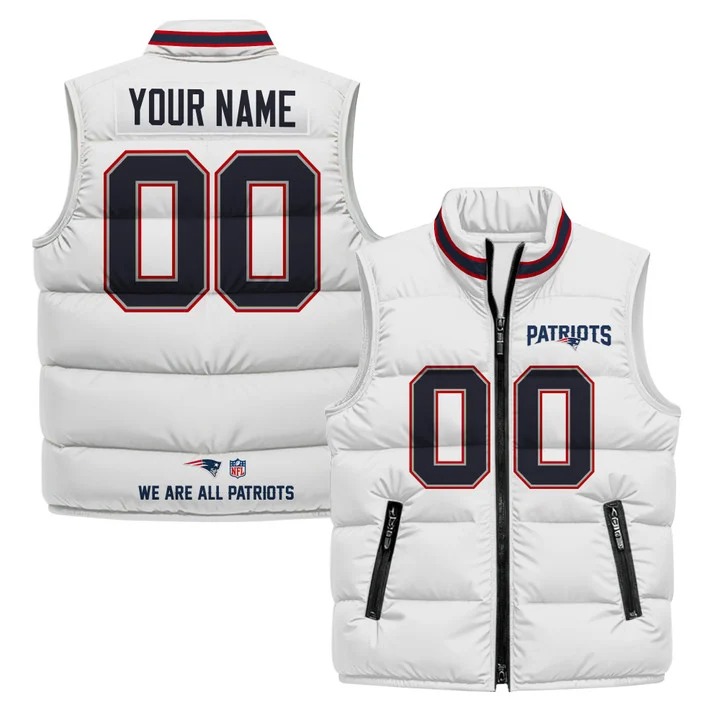 Men's New England Patriots Custom White 2025 Printed Puffer Vest
