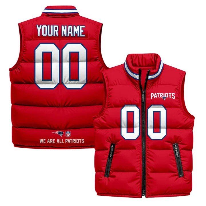 Men's New England Patriots Custom Red 2025 Printed Puffer Vest