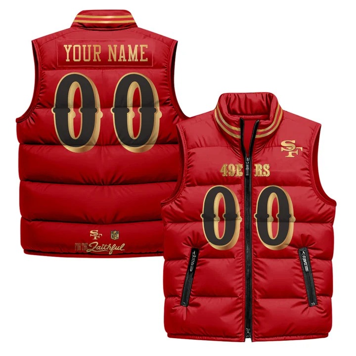 Men's San Francisco 49ers Custom Red Gold Rivalries 2025 Printed Puffer Vest