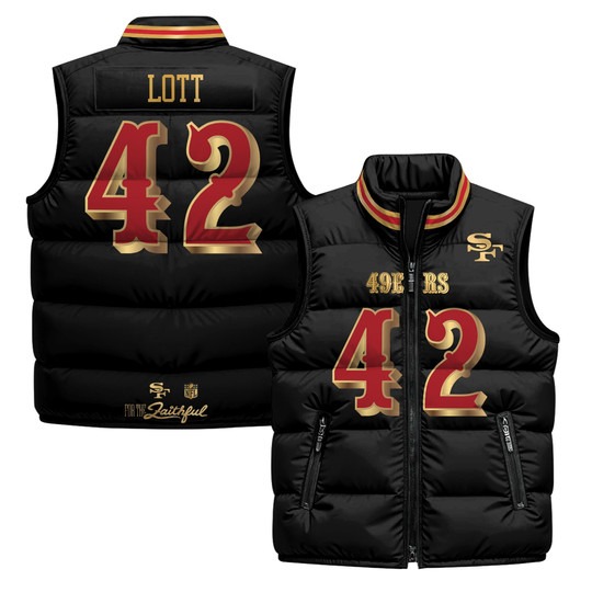 Men's San Francisco 49ers #42 Ronnie Lott Black Rivalries 2025 Printed Puffer Vest