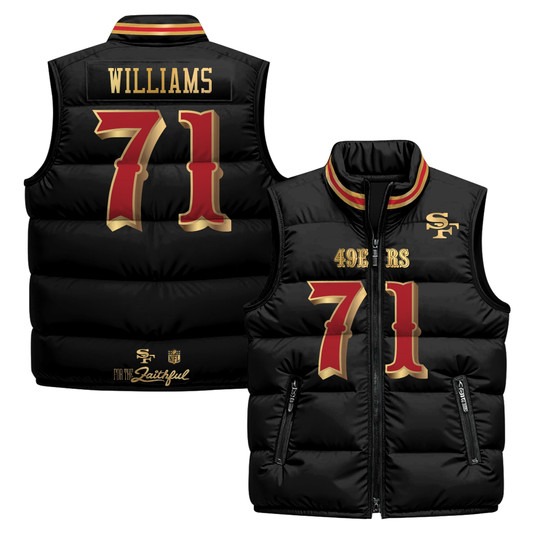 Men's San Francisco 49ers #71 Trent Williams Black Rivalries 2025 Printed Puffer Vest