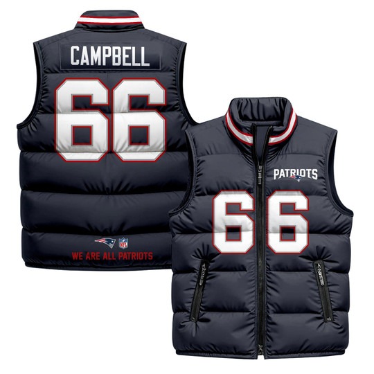 Men's New England Patriots #66 Will Campbell Navy 2025 Printed Puffer Vest