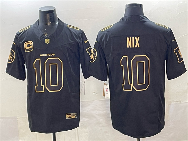 Men's Denver Broncos #10 Bo Nix Black Gold F.U.S.E. With 2-star C Patch Vapor Limited Stitched Football Jersey