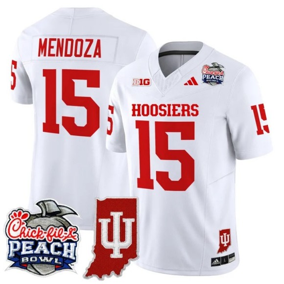 Men's Indiana Hoosiers #15 Fernando Mendoza White 2026 Peach Bowl & Indiana State Patch F.U.S.E. Vapor Limited Stitched Jersey