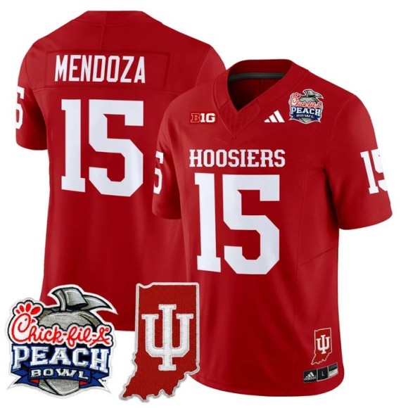 Men's Indiana Hoosiers #15 Fernando Mendoza Crimson 2026 Peach Bowl & Indiana State Patch F.U.S.E. Vapor Limited Stitched Jersey