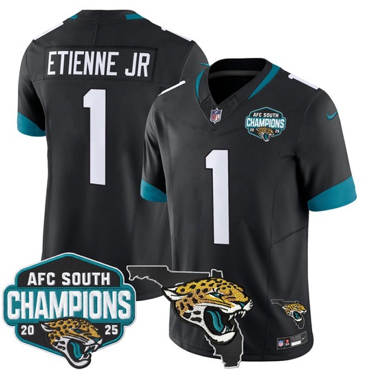 Men's Jacksonville Jaguars #1 Travis Etienne Jr. Black 2025 AFC South Division Champions & Florida Patch F.U.S.E. Vapor Stitched Jersey
