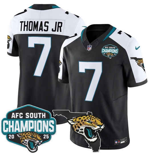 Men's Jacksonville Jaguars #7 Brian Thomas Jr. Black White 2025 AFC South Division Champions & Florida Patch F.U.S.E. Vapor Stitched Jersey