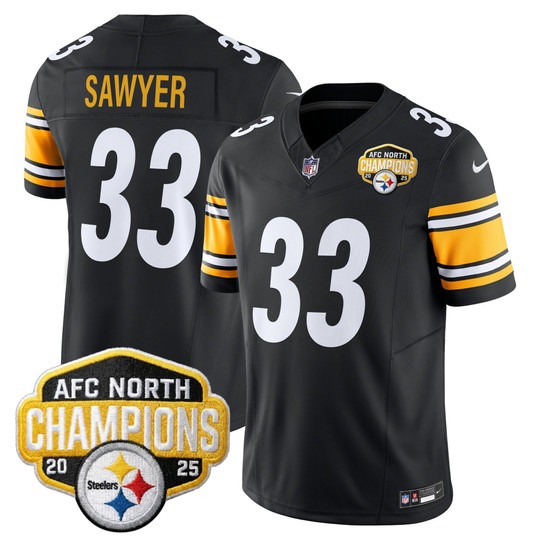 Men's Pittsburgh Steelers #33 Jack Sawyer Black 2025 AFC North Division Champions F.U.S.E. Vapor Limited Stitched Jersey