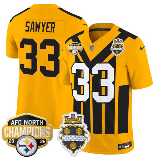 Men's Pittsburgh Steelers #33 Jack Sawyer Gold 1933 Throwback 2025 AFC North Division Champions F.U.S.E. Vapor Limited Stitched Jersey