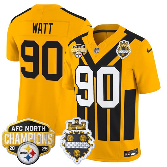 Men's Pittsburgh Steelers #90 T. J. Watt Gold 1933 Throwback 2025 AFC North Division Champions F.U.S.E. Vapor Limited Stitched Jersey