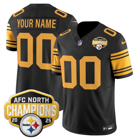 Men's Pittsburgh Steelers Custom Black Color Rush 2025 AFC North Division Champions F.U.S.E. Vapor Limited Stitched Jersey