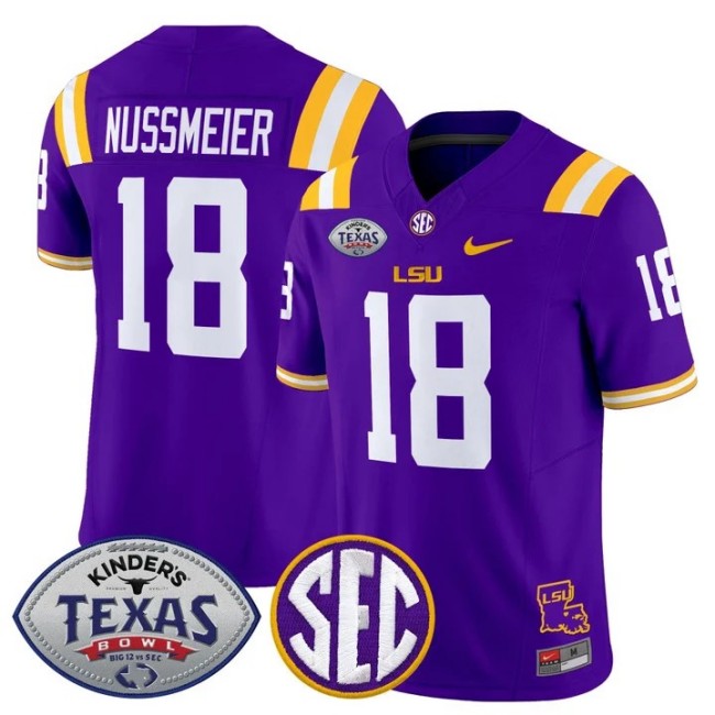 Men's LSU Tigers #18 Garrett Nussmeier Purple Texas Bowl F.U.S.E. 2025 Vapor Limited Stitched Jersey
