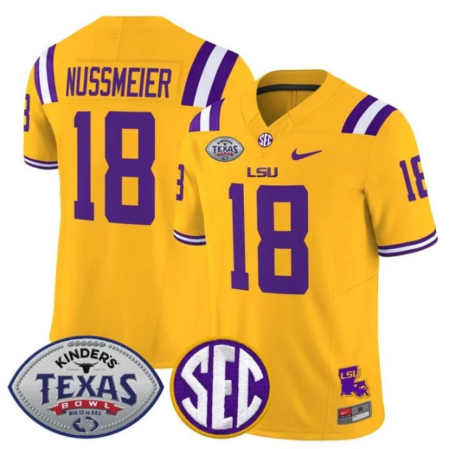 Men's LSU Tigers #18 Garrett Nussmeier Gold Texas Bowl F.U.S.E. 2025 Vapor Limited Stitched Jersey
