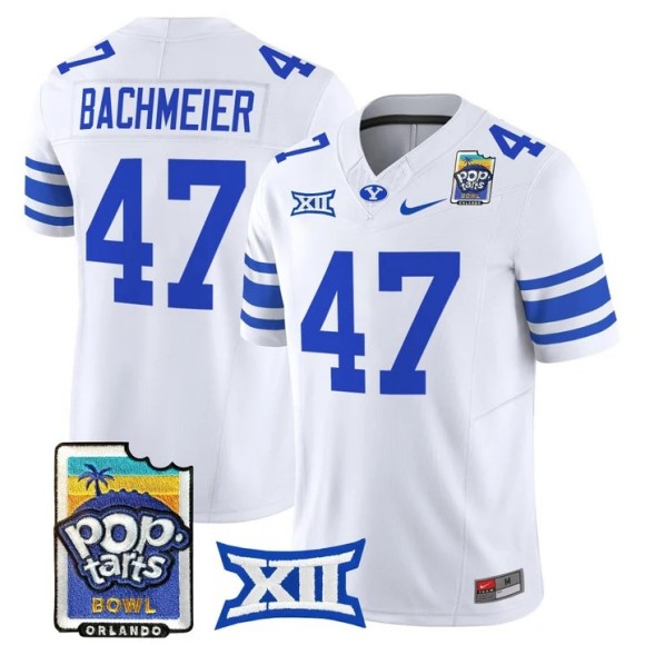 Men's BYU Cougars #47 Bear Bachmeier White 2025-26 Pop-Tarts Bowl F.U.S.E. Vapor Limited Stitched Jersey
