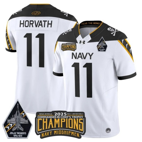 Men's Navy Midshipmen #11 Blake Horvath White Jolly Rogers 2025 Commander-In-Chief's Trophy Champions F.U.S.E. Vapor Limited Stitched Jersey