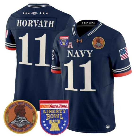 Men's Navy Midshipmen #11 Blake Horvath Navy 250th Anniversary 2026 Liberty Bowl Patch F.U.S.E. Vapor Limited Stitched Jersey
