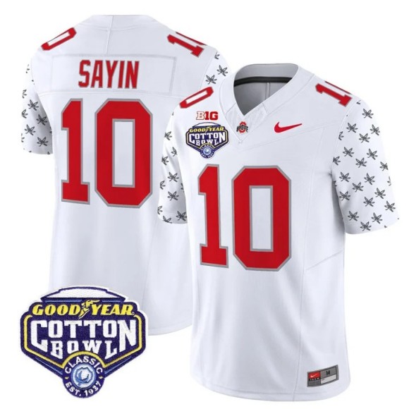 Men's Ohio State Buckeyes #10 Julian Sayin White 2025-26 Cotton Bowl Patch F.U.S.E. Vapor Limited Stitched Jersey