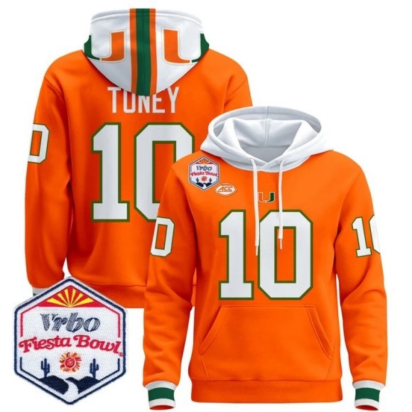 Men's Miami Hurricanes #10 Malachi Toney Orange 2026 The Fiesta Bowl Stitched Pullover Hoodie