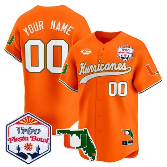 Men's Miami Hurricanes Custom Orange 2026 The Fiesta Bowl & Florida Patch Limited Stitched Baseball Jersey