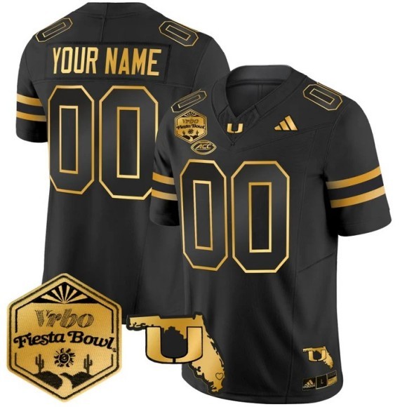Men's Miami Hurricanes Custom Black Gold 2026 The Fiesta Bowl & Florida Patch F.U.S.E. Vapor Limited Stitched Jersey