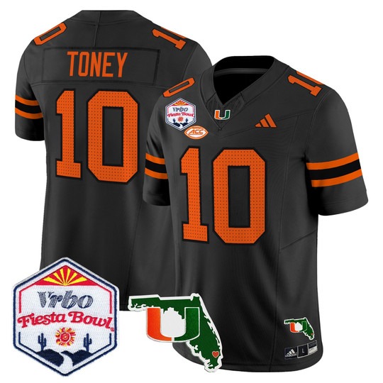 Men's Miami Hurricanes #10 Malachi Toney Black 2026 The Fiesta Bowl & Florida Patch F.U.S.E. Vapor Limited Stitched Jersey