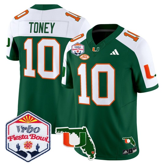 Men's Miami Hurricanes #10 Malachi Toney Green Alternate 2026 The Fiesta Bowl & Florida Patch F.U.S.E. Vapor Limited Stitched Jersey