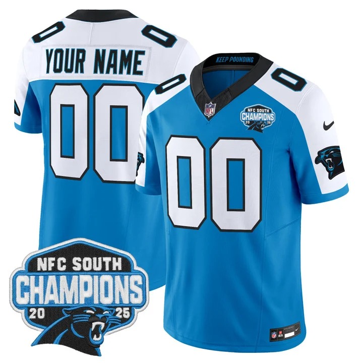 Men's Carolina Panthers Custom  Blue White 2025 NFC South Division Champions F.U.S.E. Vapor Limited Stitched Jersey