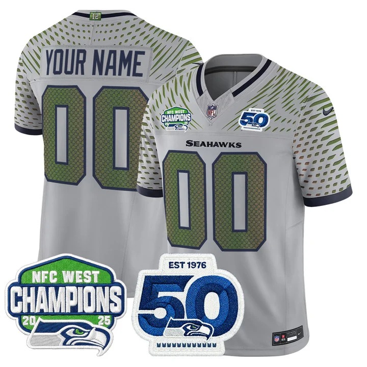 Men's Seattle Seahawks Custom Grey Rivalries 2025 NFC West Division Champions & 50th Anniversary Patch F.U.S.E. Vapor Limited Stitched Jersey