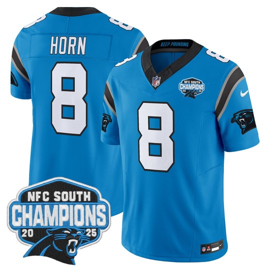 Men's Carolina Panthers #8 Jaycee Horn Blue 2025 NFC South Division Champions F.U.S.E. Vapor Limited Stitched Jersey