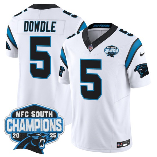 Men's Carolina Panthers #5 Rico Dowdle White 2025 NFC South Division Champions F.U.S.E. Vapor Limited Stitched Jersey