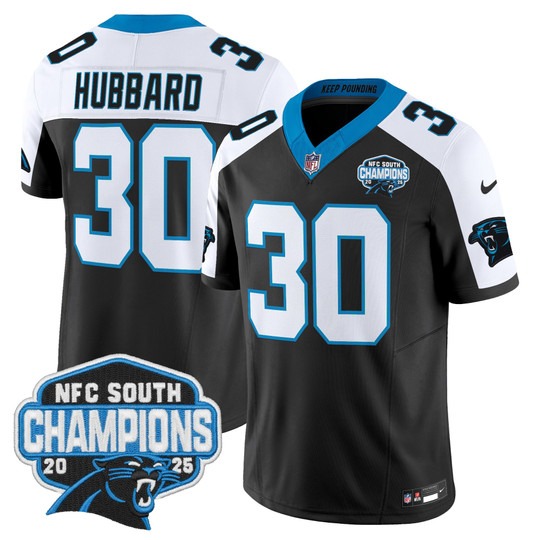 Men's Carolina Panthers #30 Chuba Hubbard Black White 2025 NFC South Division Champions F.U.S.E. Vapor Limited Stitched Jersey