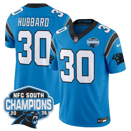 Men's Carolina Panthers #30 Chuba Hubbard Blue 2025 NFC South Division Champions F.U.S.E. Vapor Limited Stitched Jersey