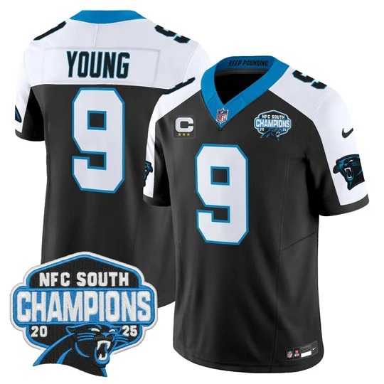 Men's Carolina Panthers #9 Bryce Young Black White 2025 NFC South Division Champions F.U.S.E. Vapor Limited Stitched Jersey