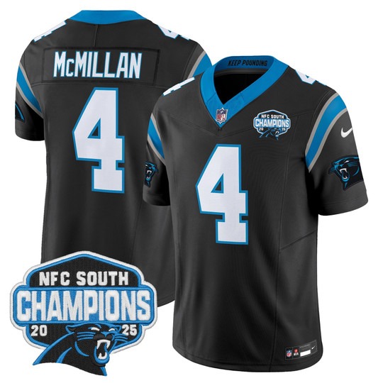 Men's Carolina Panthers #4 Tetairoa McMillan Black 2025 NFC South Division Champions F.U.S.E. Vapor Limited Stitched Jersey
