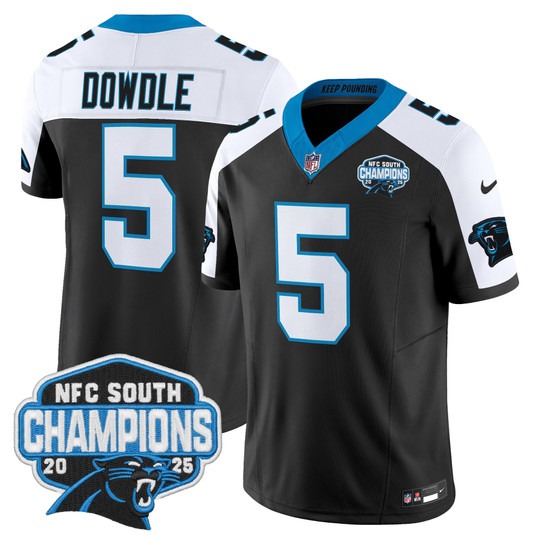 Men's Carolina Panthers #5 Rico Dowdle Black White 2025 NFC South Division Champions F.U.S.E. Vapor Limited Stitched Jersey