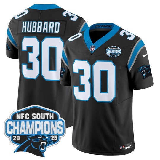 Men's Carolina Panthers #30 Chuba Hubbard Black 2025 NFC South Division Champions F.U.S.E. Vapor Limited Stitched Jersey