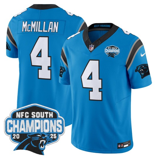 Men's Carolina Panthers #4 Tetairoa McMillan Blue 2025 NFC South Division Champions F.U.S.E. Vapor Limited Stitched Jersey