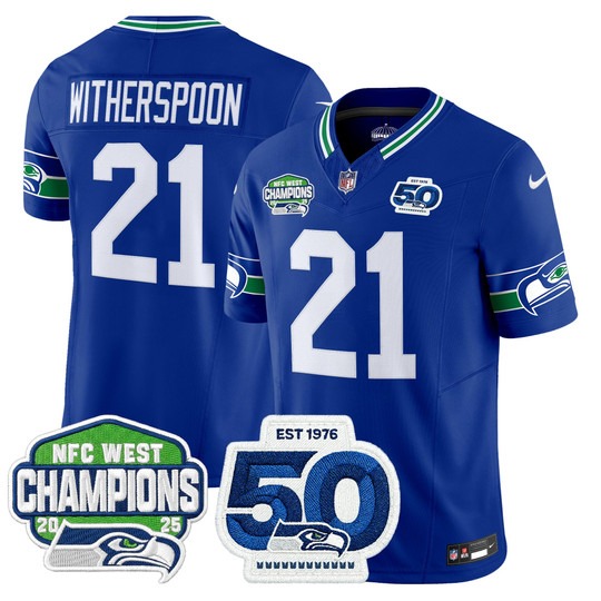 Men's Seattle Seahawks #21 Devon Witherspoon Royal 2025 NFC West Division Champions & 50th Anniversary Patch F.U.S.E. Vapor Limited Stitched Jersey