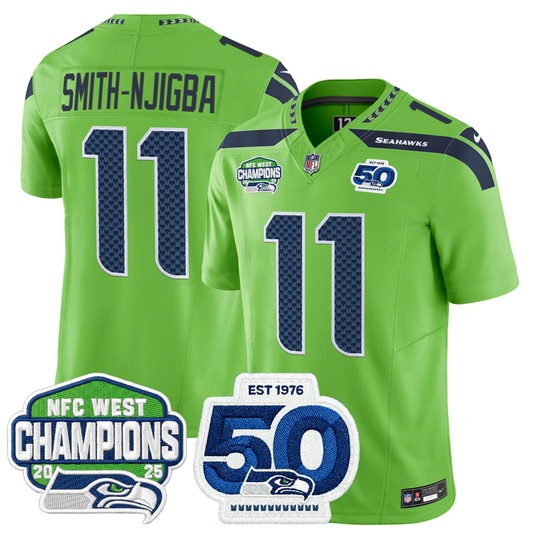 Men's Seattle Seahawks #11 Jaxon Smith-Njigba Green 2025 NFC West Division Champions & 50th Anniversary Patch F.U.S.E. Vapor Limited Stitched Jersey