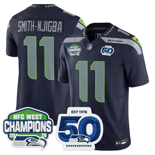 Men's Seattle Seahawks #11 Jaxon Smith-Njigba Navy 2025 NFC West Division Champions & 50th Anniversary Patch F.U.S.E. Vapor Limited Stitched Jersey