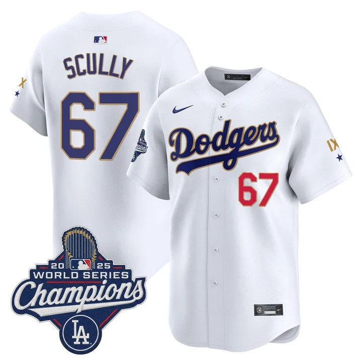 Men's Los Angeles Dodgers #67 Vin Scully White IX 9-Time 2025 World Series Champions Gold Trim Limited Stitched Jersey