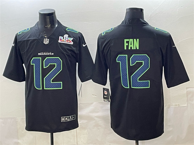 Men's Seattle Seahawks #12 Fan Black 2025 Super Bowl LX Patch Carbon Fashion Vapor Untouchable Limited Stitched Football Jersey