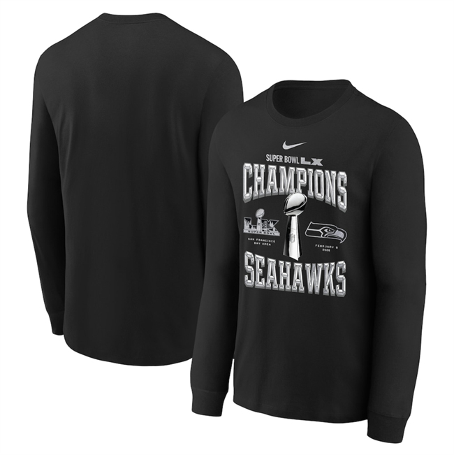Men's Seattle Seahawks Black Super Bowl LX Champions Locker Room Trophy Collection Long Sleeve T-Shirt