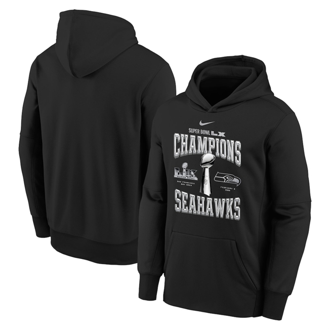 Men's Seattle Seahawks Black Super Bowl LX Champions Locker Room Trophy Collection Hoodie