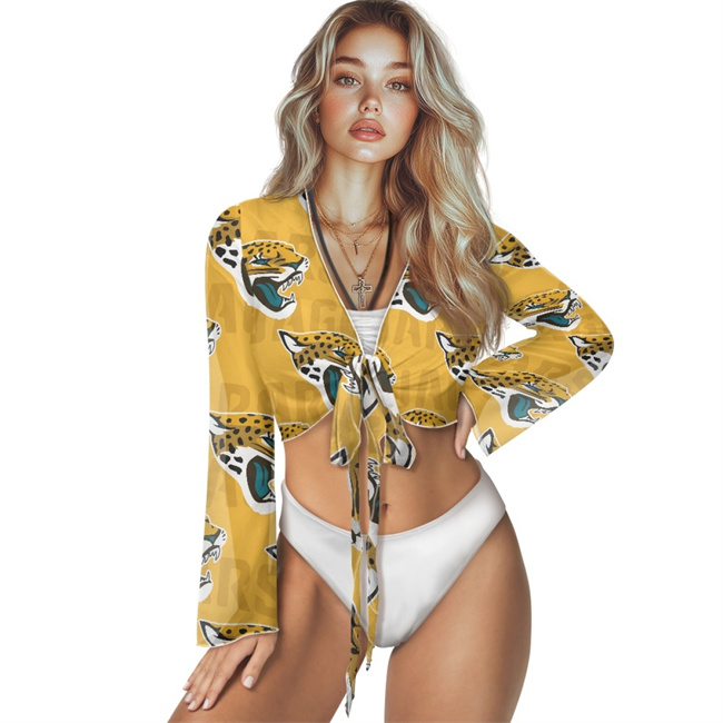 Women's Jacksonville Jaguars Swimsuit Cover Up Long Sleeve Sheer V Neck Lightweight Tie Front Cardigan Beach Shirts Bathing Suit Coverup 001(Pls check description for details)