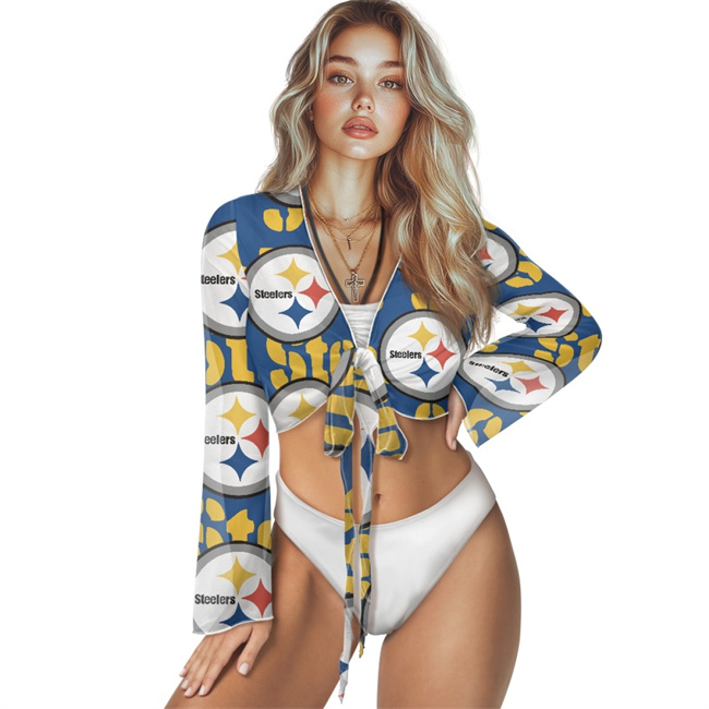 Women's Pittsburgh Steelers Swimsuit Cover Up Long Sleeve Sheer V Neck Lightweight Tie Front Cardigan Beach Shirts Bathing Suit Coverup 001(Pls check description for details)