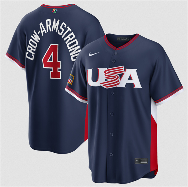 Men's USA Baseball #4 Pete Crow-Armstrong Navy 2026 World Baseball Classic Road Stadium Stitched Jersey