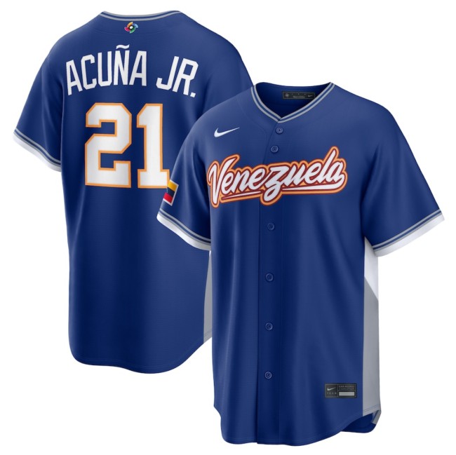 Men's Venezuela Baseball #21 Ronald Acuna Jr.  Blue 2026 World Baseball Classic Road Stadium Stitched Jersey